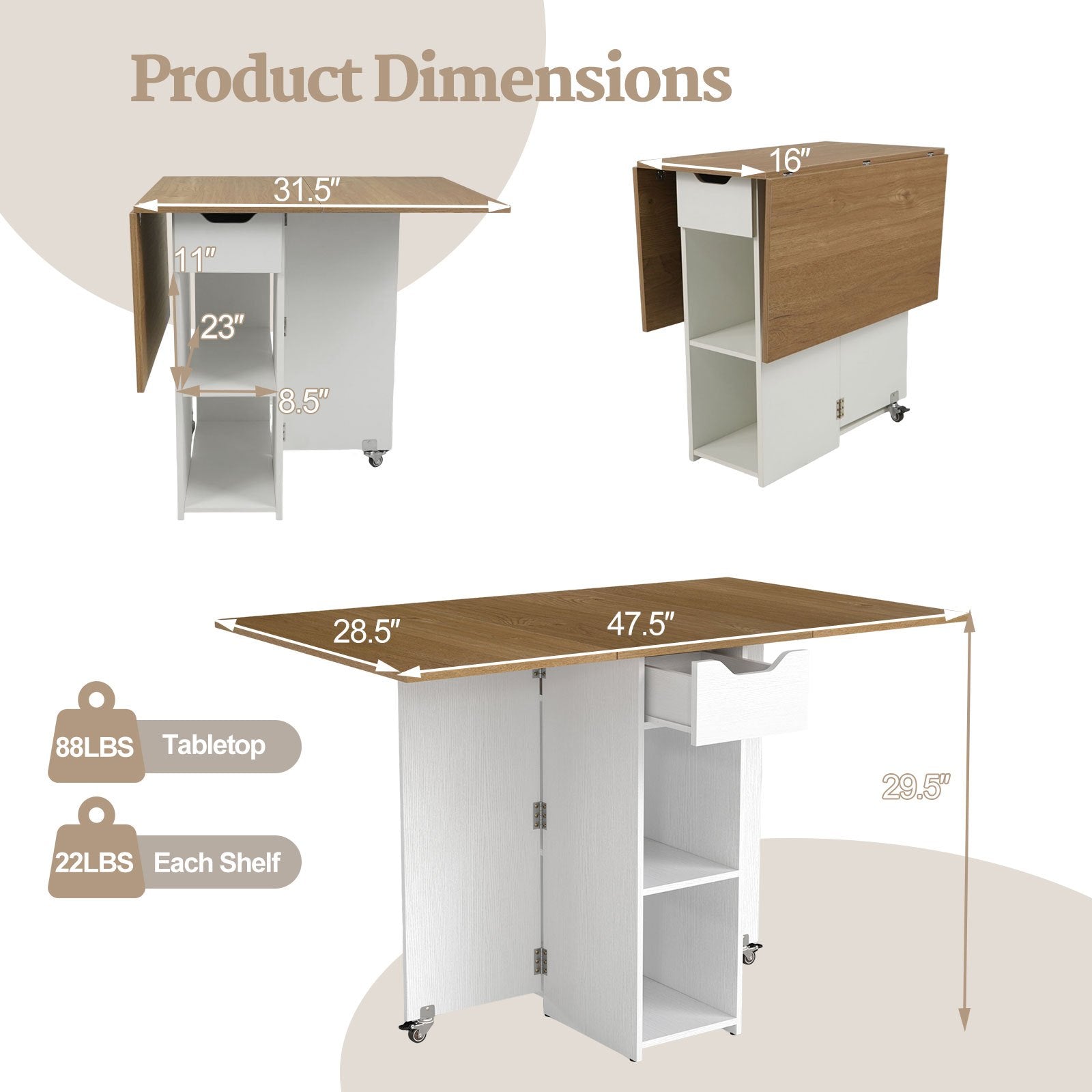 COSTWAY Folding Dining Table for 2, Space Saving Kitchen Table Drop Leaf with 2 Open Shelves & Drawer, 2 Lockable Universal Wheels, Modern Extendable Wooden Kitchen Console Table for Dining Room