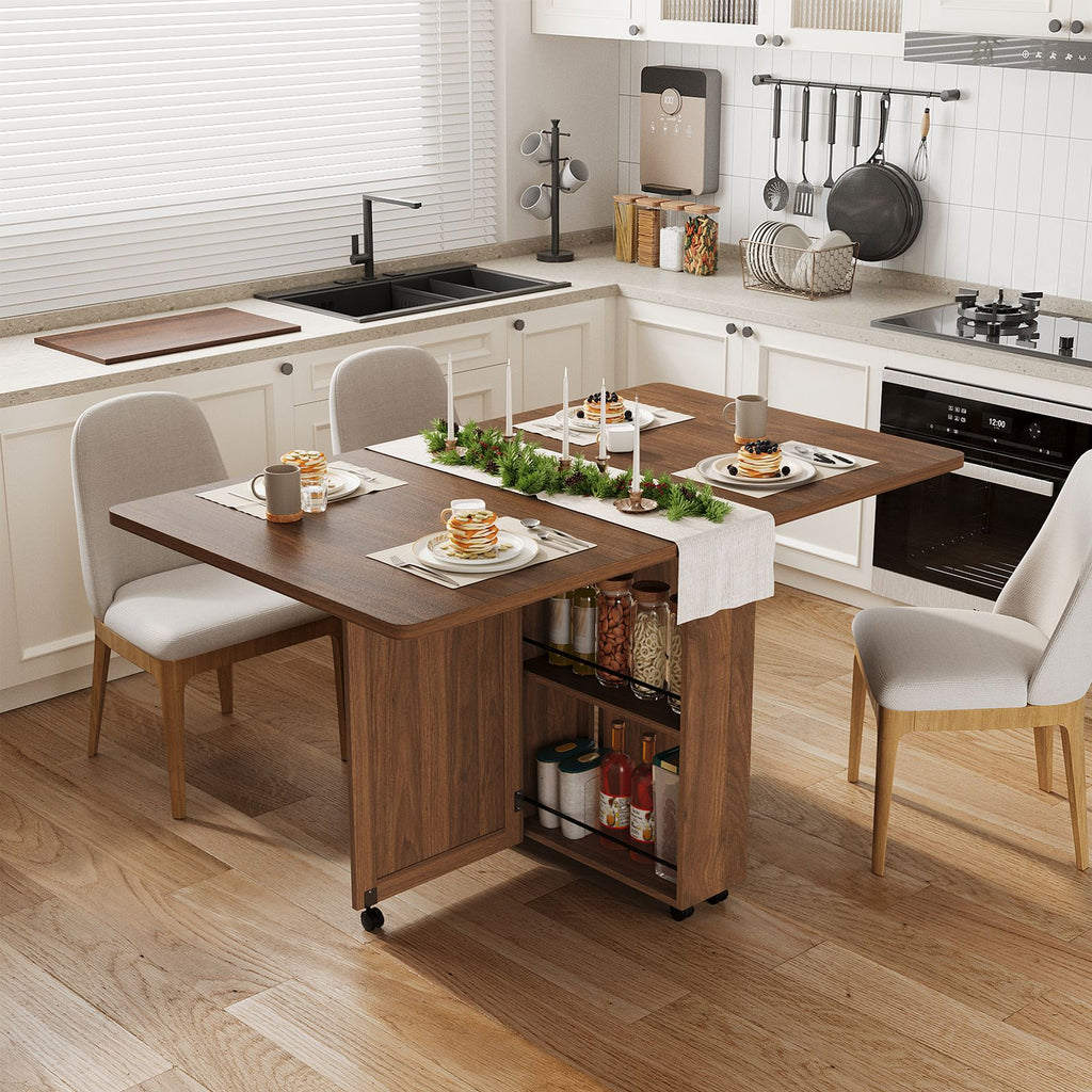 MERXENG Collapsible Dining Table Featuring 6 Wheels, a Drop-Leaf Design with a Drawer And Storage Shelf, Modern Wooden Furniture for Kitchens And Dining Areas, Ideal for Compact Living Spaces And Apartments, Walnut End Perfect for Home Decor