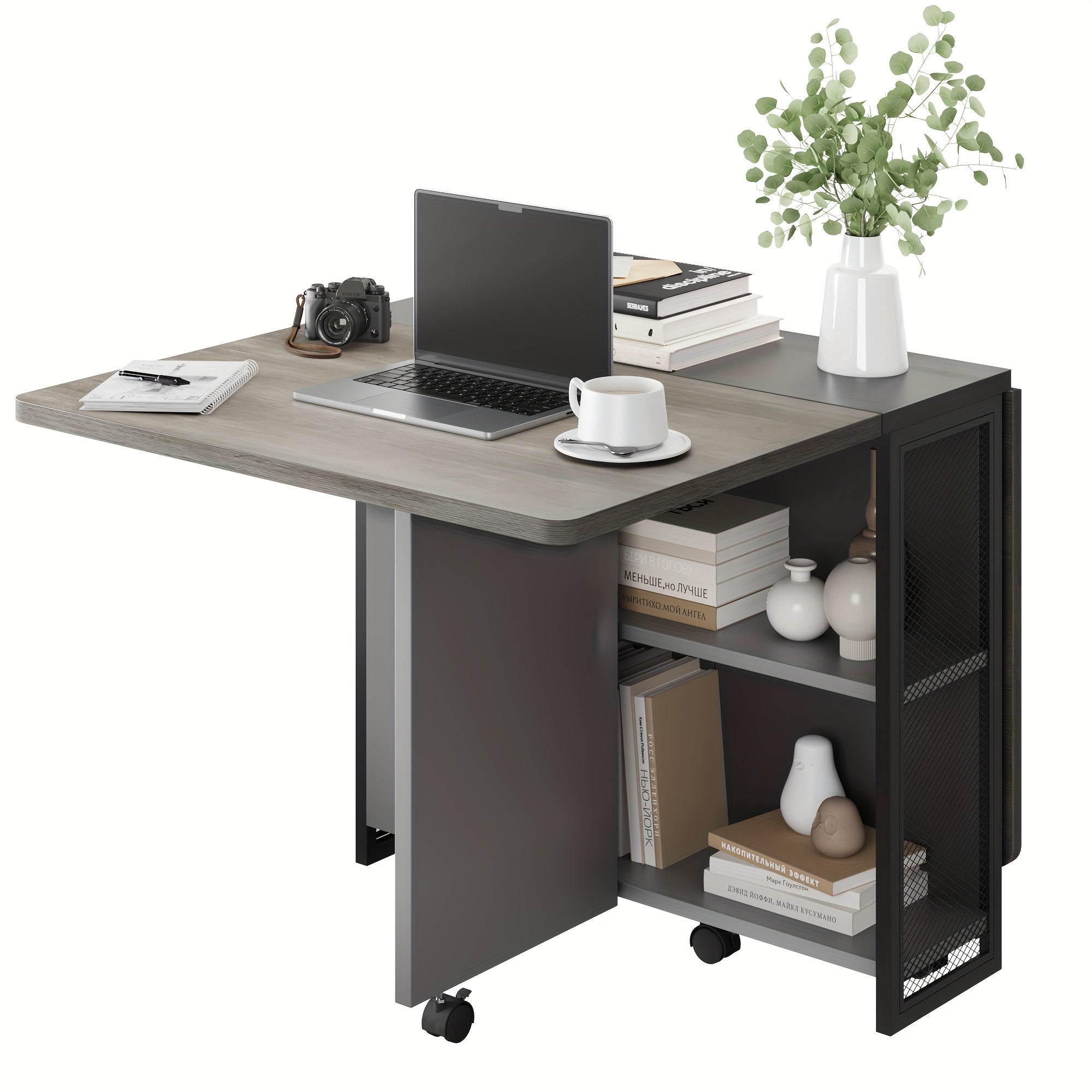 Folding Dining TableSpace Saving Dining Table with Shelves and Wheels for Living Room Kitchen Apartment