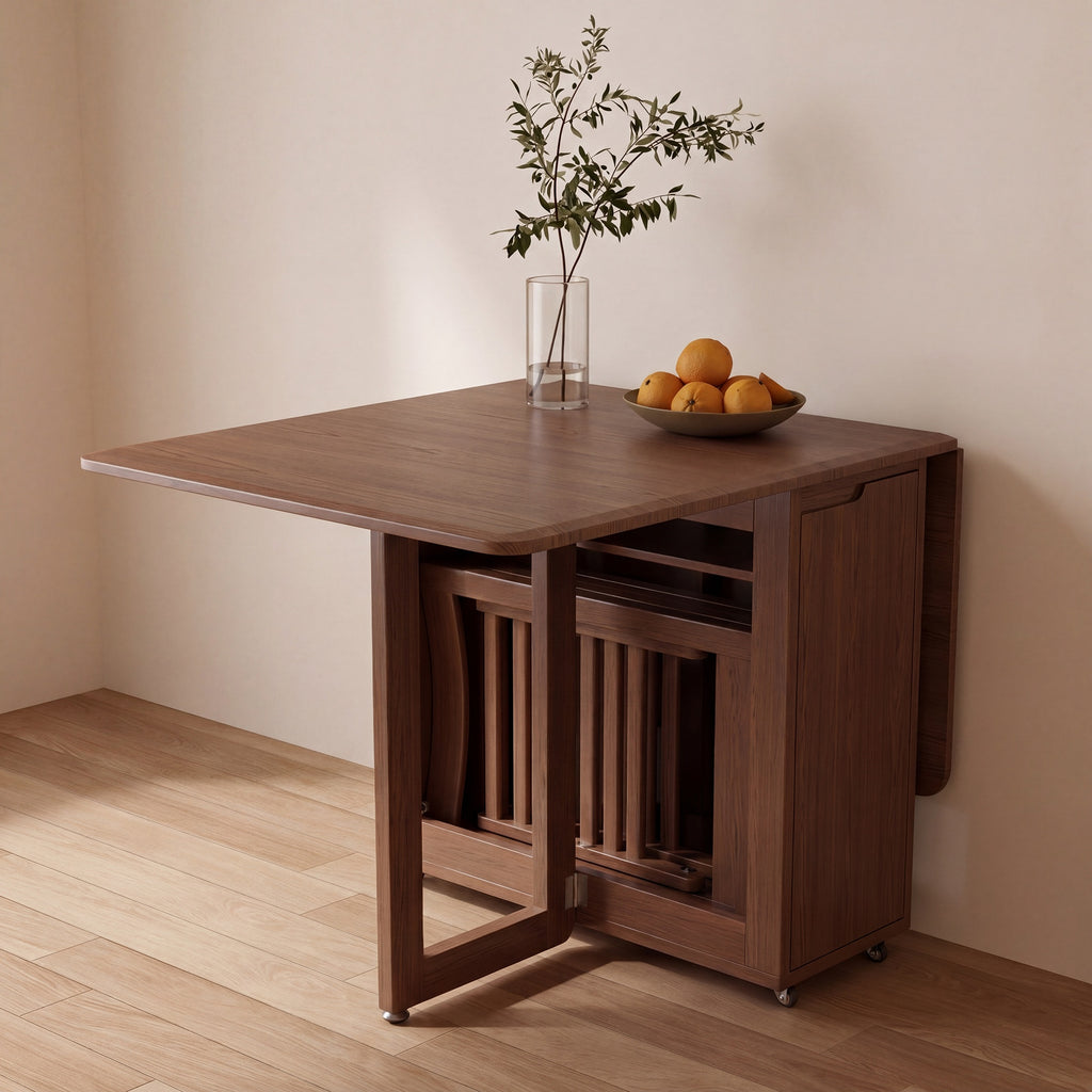 Solid Wood Folding Table, Dining Table, Furniture for Home, Durable and Sturdy, Space Saving, Seats 4 to 6 People, Built-in Chair Storage, Mobile Wheels, Limited-Time Flash, Free Shipping