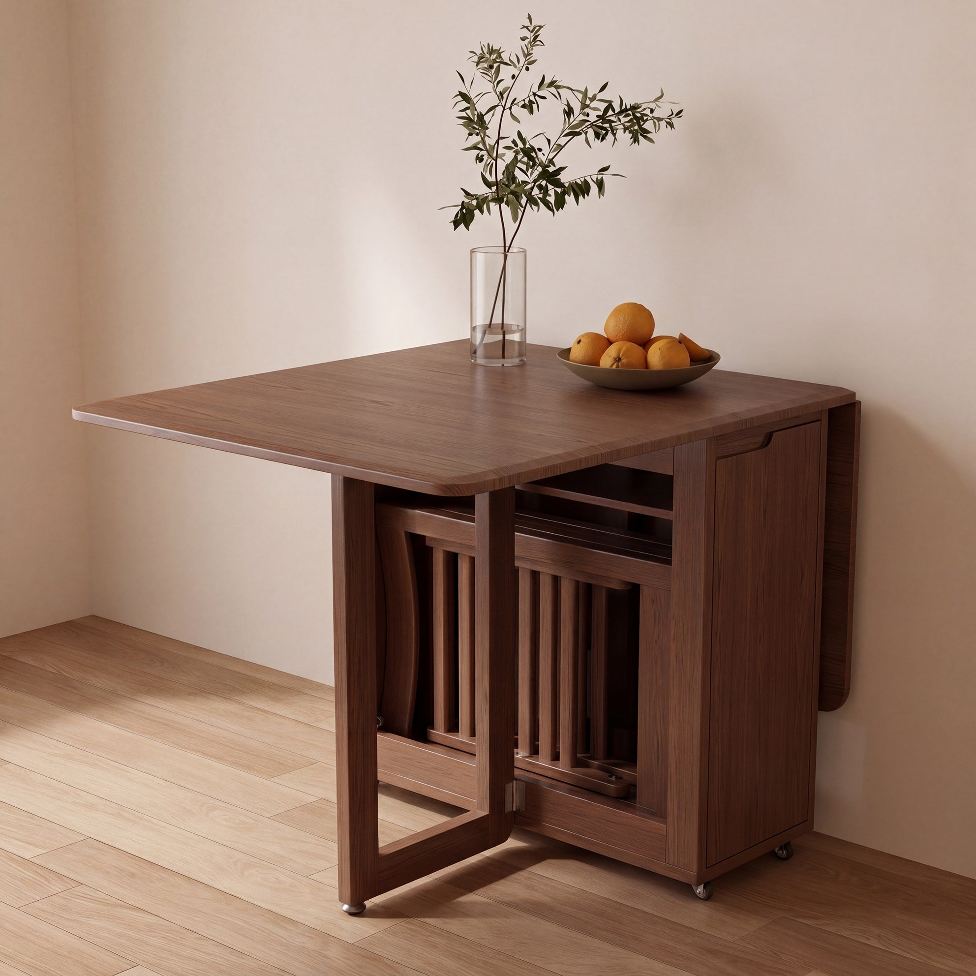 Solid Wood Folding Table, Dining Table, Furniture for Home, Durable and Sturdy, Space Saving, Seats 4 to 6 People, Built-in Chair Storage, Mobile Wheels, Limited-Time Flash, Free Shipping