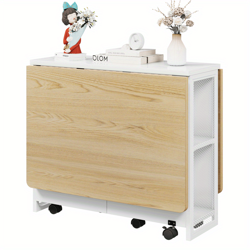 Folding Dining TableSpace Saving Dining Table with Shelves and Wheels for Living Room Kitchen Apartment