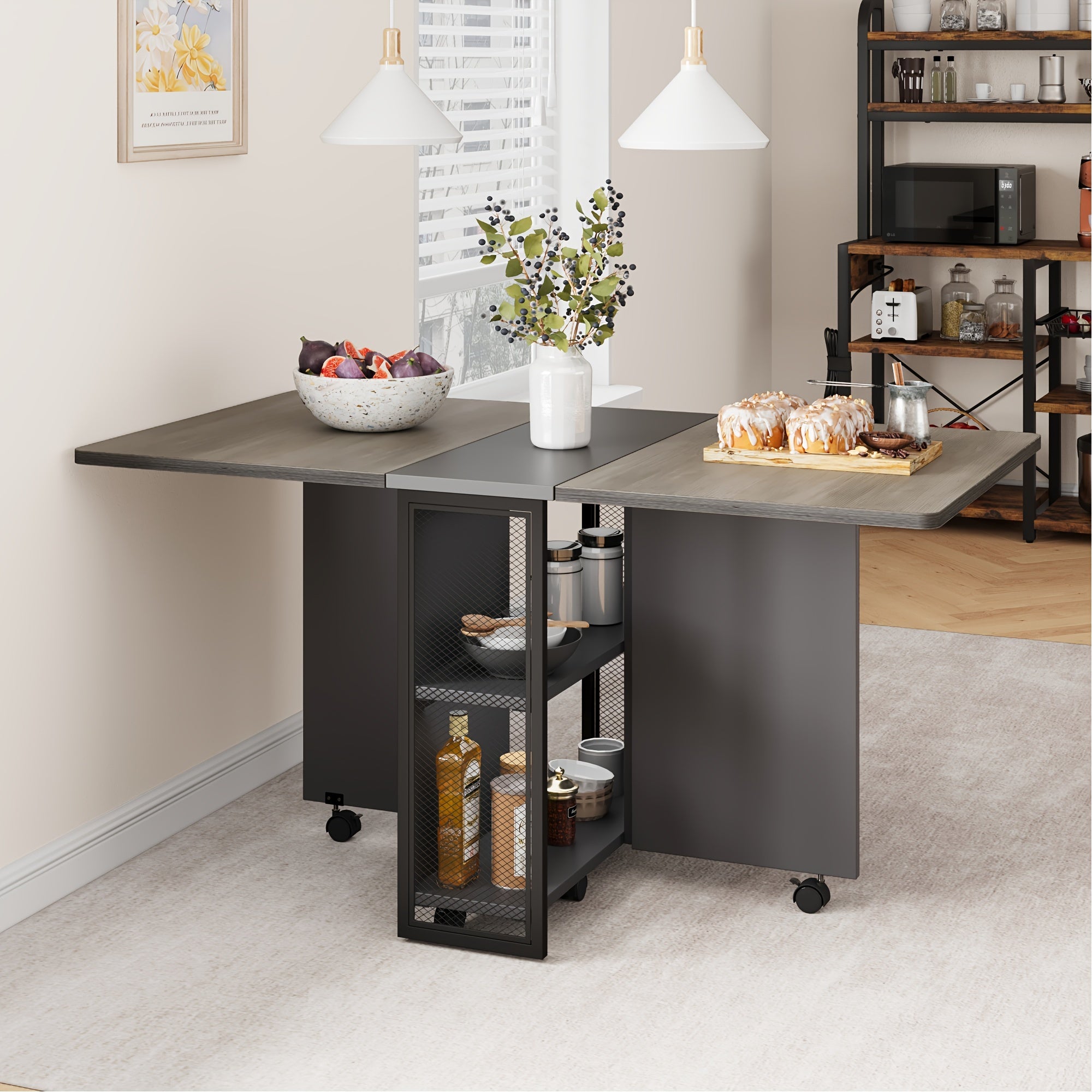 Folding Dining TableSpace Saving Dining Table with Shelves and Wheels for Living Room Kitchen Apartment