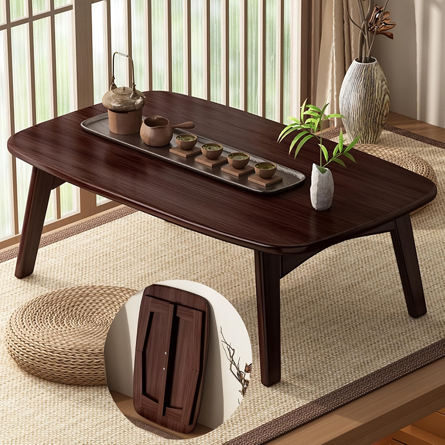 Bamboo Folding Coffee Table, Low-Profile Folding Dining Table, Oriental Folding Table, Suitable for Living Room Small Spaces, Picnic Table, Portable Floor Table, Adult Floor Table, 31.5x15.7x13.8in H