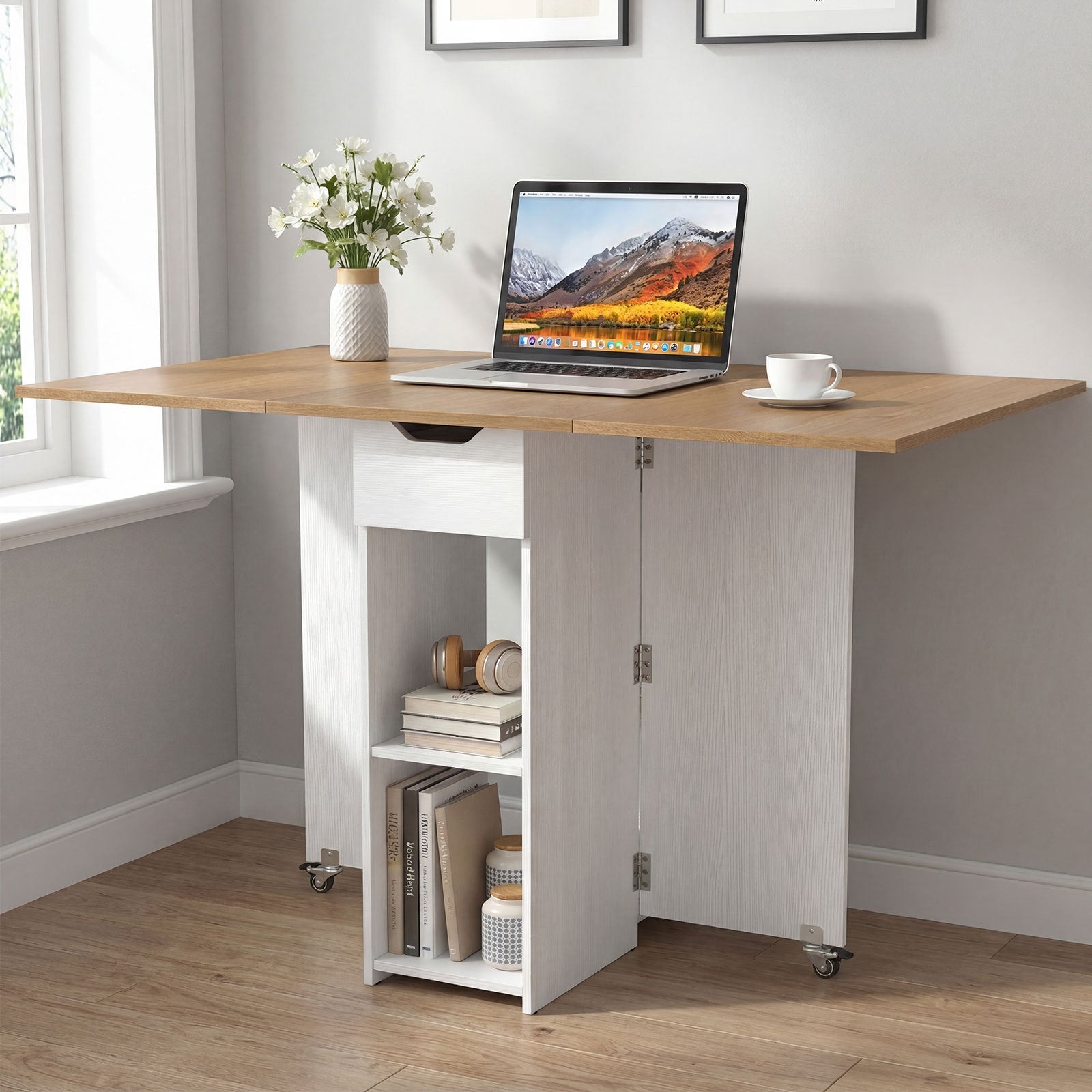 COSTWAY Folding Dining Table for 2, Space Saving Kitchen Table Drop Leaf with 2 Open Shelves & Drawer, 2 Lockable Universal Wheels, Modern Extendable Wooden Kitchen Console Table for Dining Room