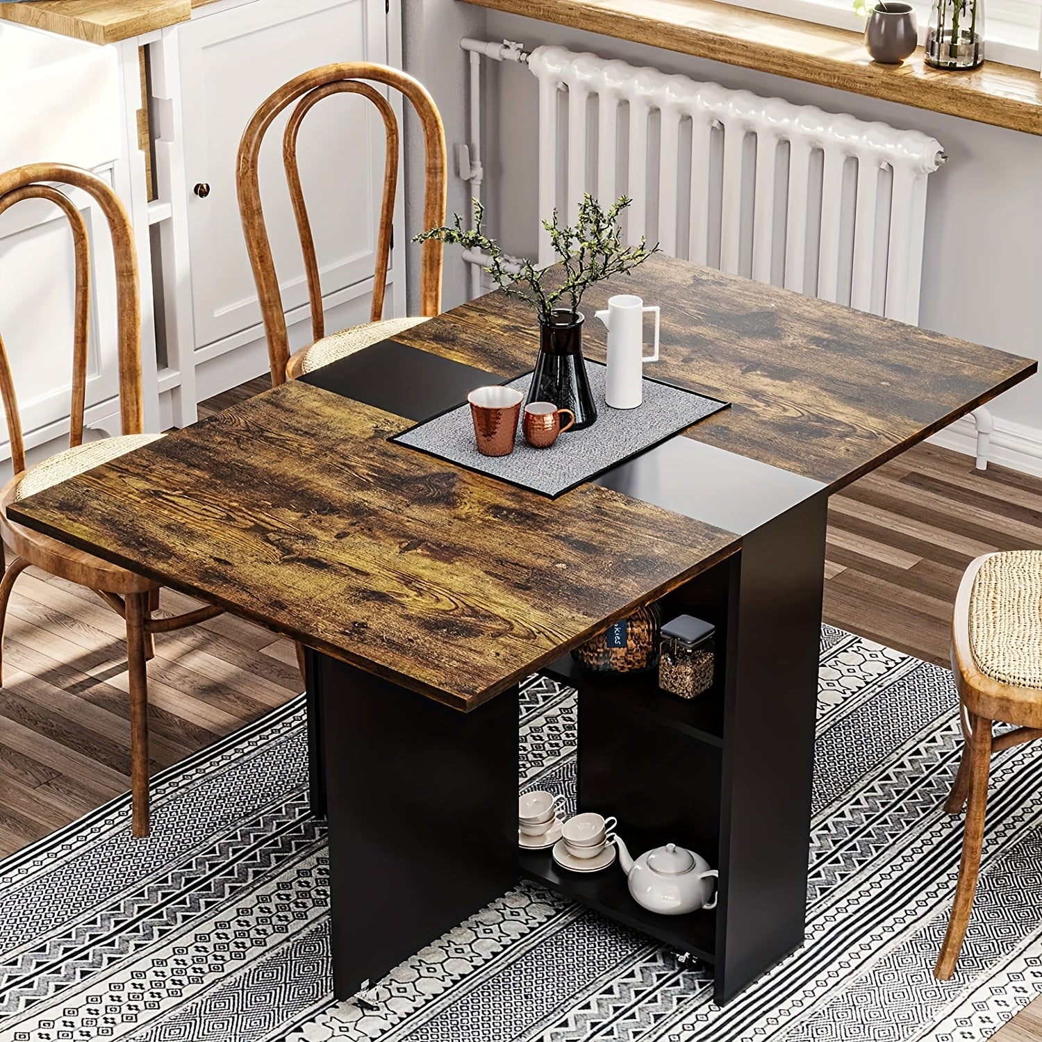 Versatile Folding Dining Table with Wheels, Rustic Brown with Black Accents, Metal Frame, Space-Saving Design with Storage Shelf, Ideal for Kitchen or Living Room, Kitchen Table