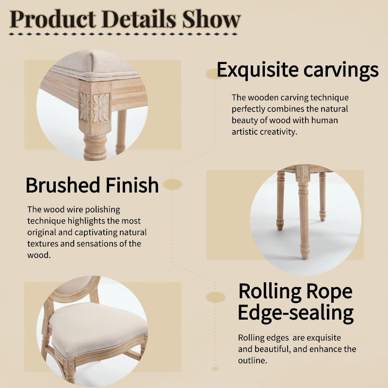 French Country Dining Chairs Set of 2, Upholstered Chairs with Round Back, Wire Drawing And Carving Techniques, Disassemblable And Stackable, for Living Room, Kitchen, Restaurant Use, Beige