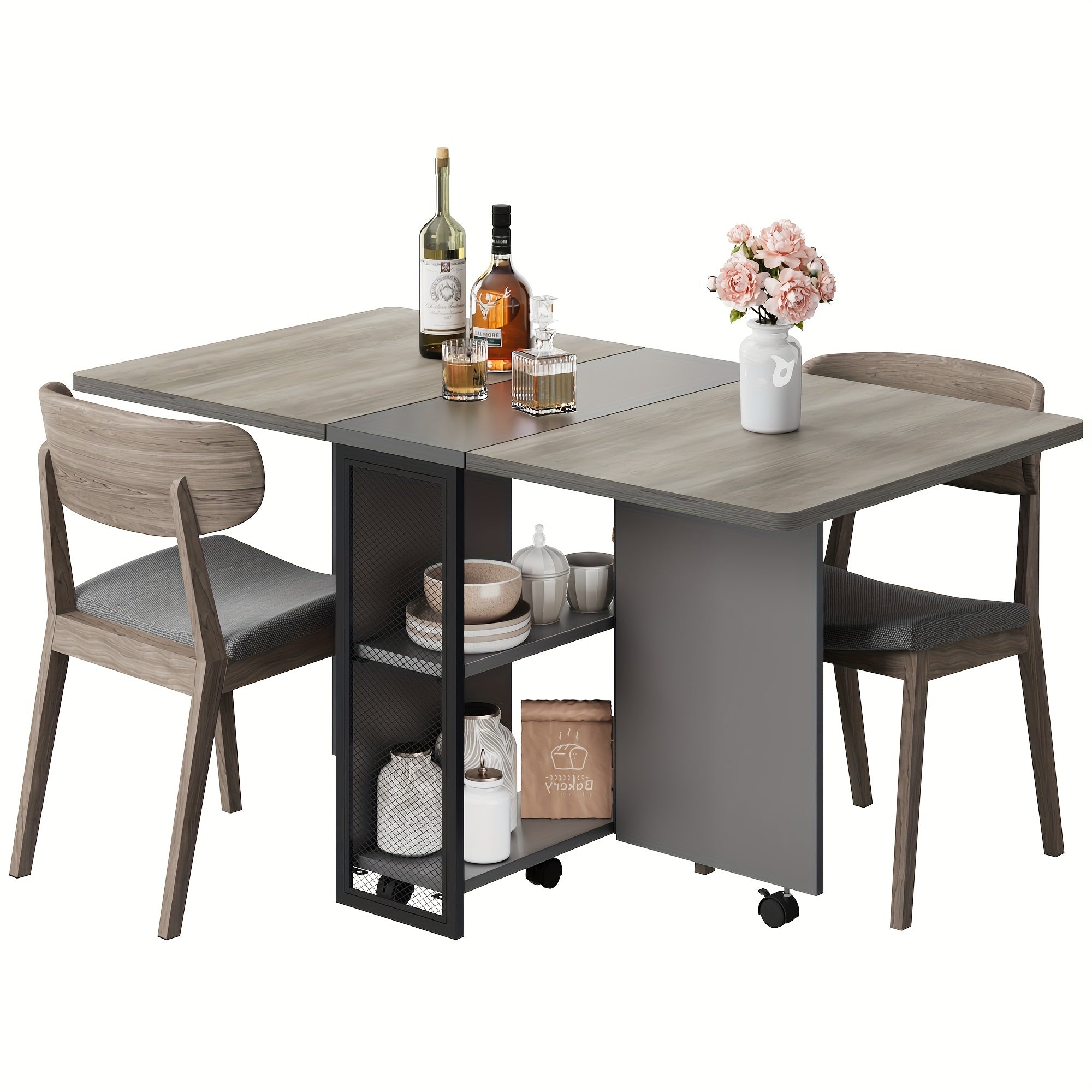 Folding Dining TableSpace Saving Dining Table with Shelves and Wheels for Living Room Kitchen Apartment