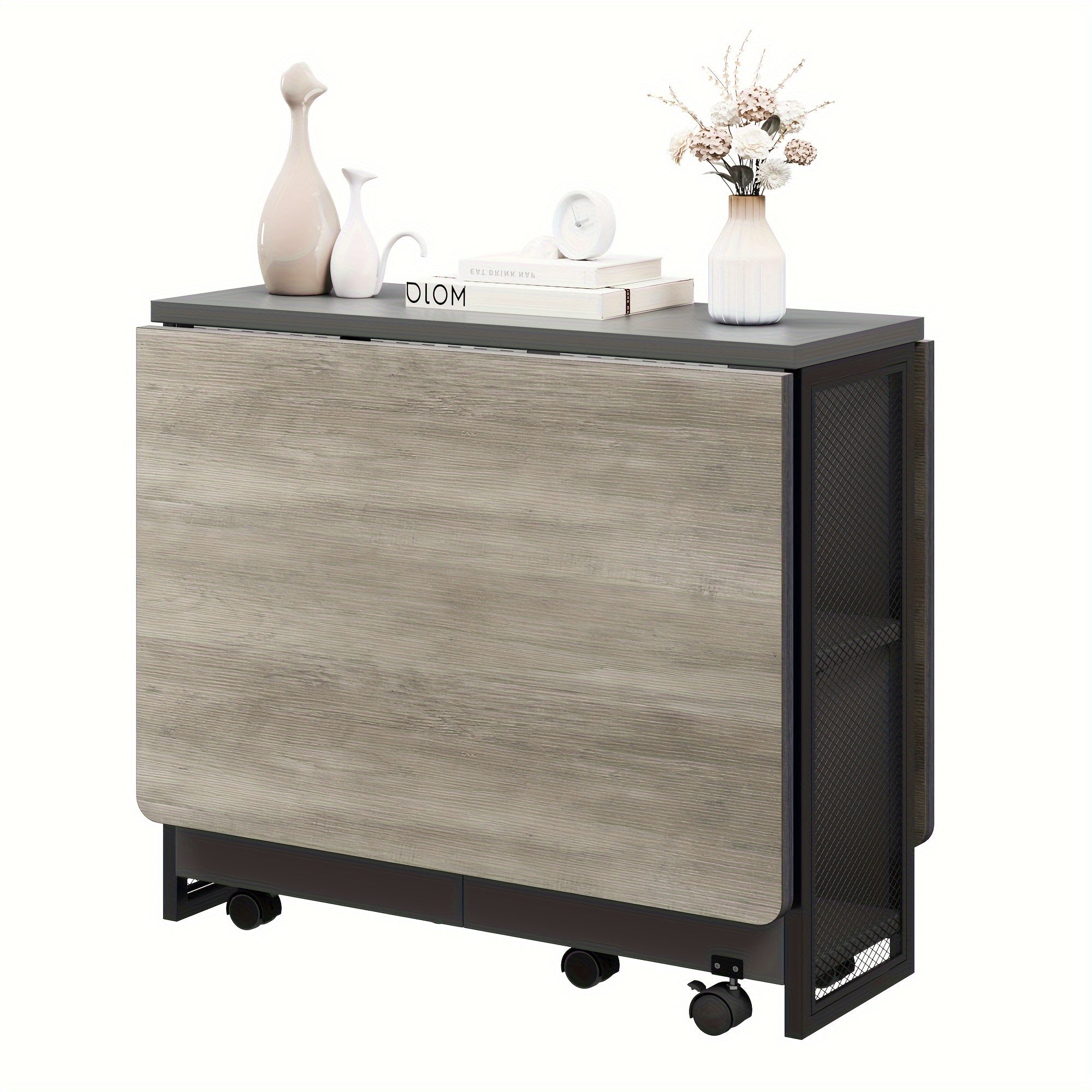 Folding Dining TableSpace Saving Dining Table with Shelves and Wheels for Living Room Kitchen Apartment