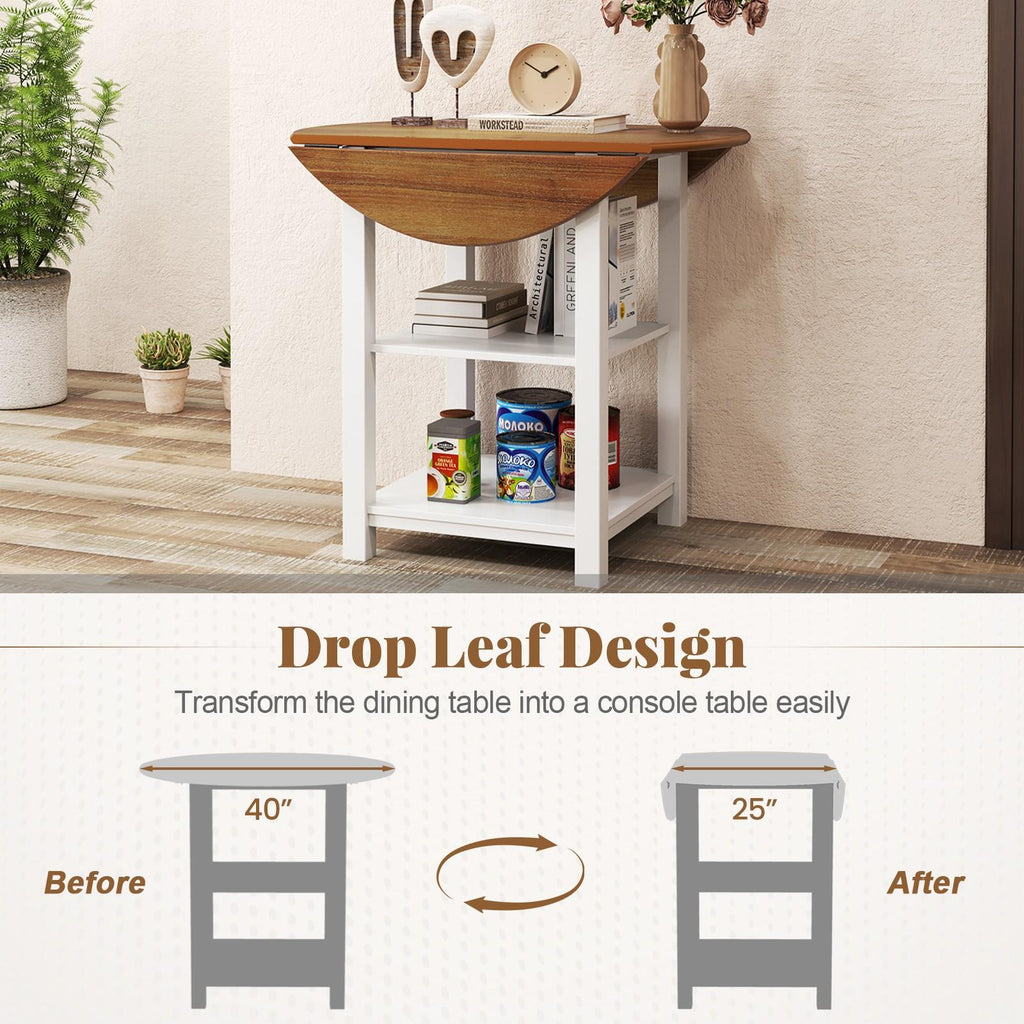 COSTWAY Collapsible Circular Dining Table, Leaf Table Featuring 2 Shelves for Compact Areas, Foldable Work Table with Dual Storage Levels, Multi-Functional Console Table Suitable for Living Room, Dining Area, Kitchen