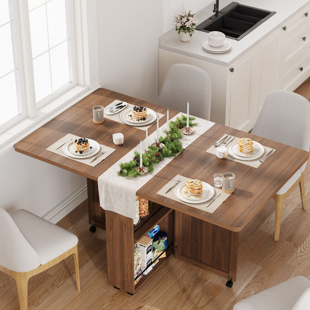 MERXENG Collapsible Dining Table Featuring 6 Wheels, a Drop-Leaf Design with a Drawer And Storage Shelf, Modern Wooden Furniture for Kitchens And Dining Areas, Ideal for Compact Living Spaces And Apartments, Walnut End Perfect for Home Decor