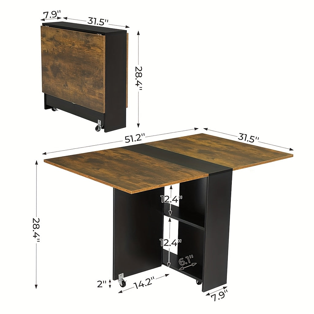 Versatile Folding Dining Table with Wheels, Rustic Brown with Black Accents, Metal Frame, Space-Saving Design with Storage Shelf, Ideal for Kitchen or Living Room, Kitchen Table