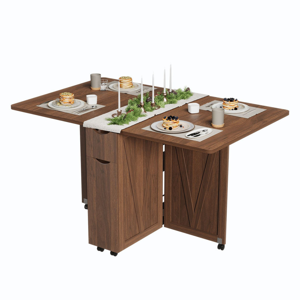 MERXENG Collapsible Dining Table Featuring 6 Wheels, a Drop-Leaf Design with a Drawer And Storage Shelf, Modern Wooden Furniture for Kitchens And Dining Areas, Ideal for Compact Living Spaces And Apartments, Walnut End Perfect for Home Decor