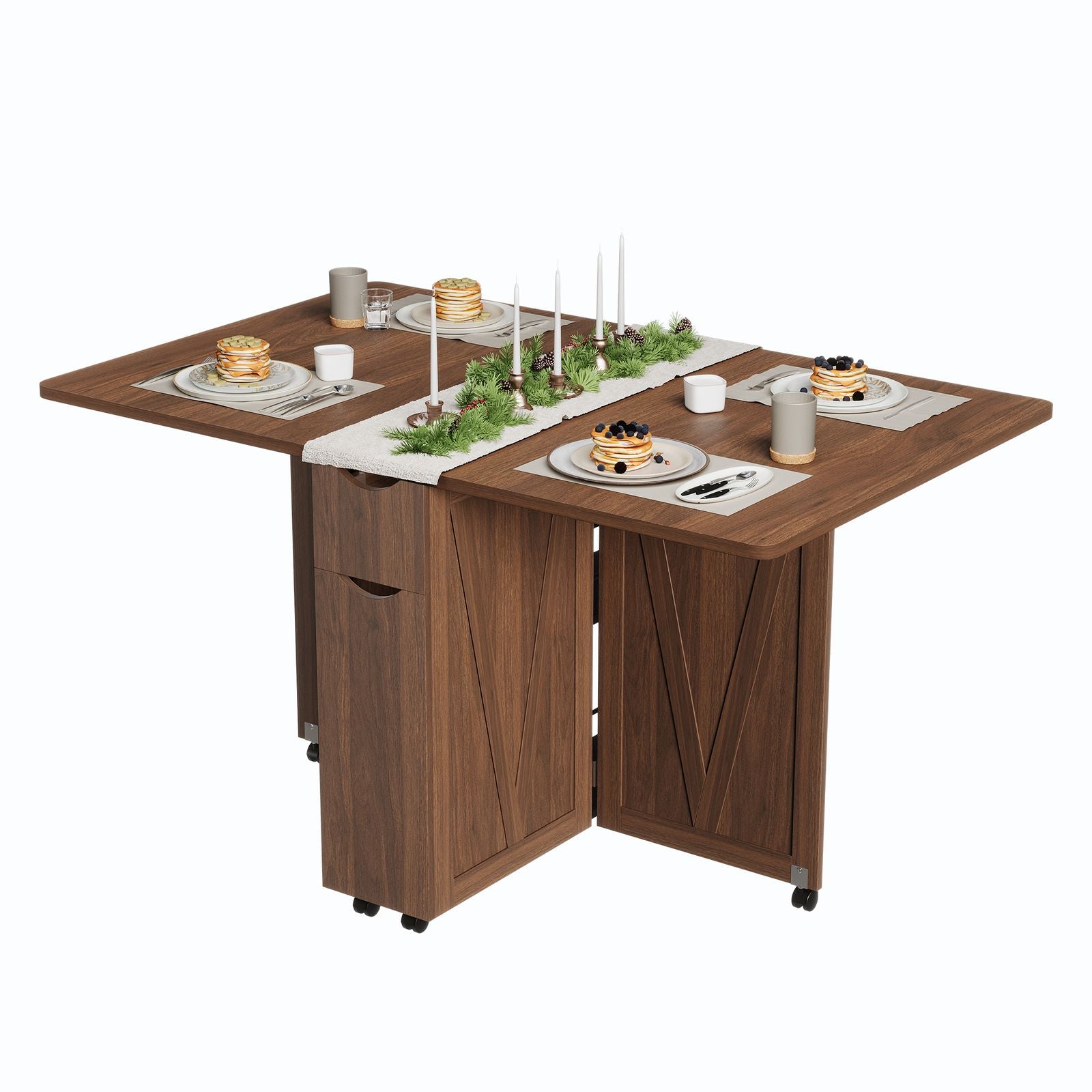 MERXENG Collapsible Dining Table Featuring 6 Wheels, a Drop-Leaf Design with a Drawer And Storage Shelf, Modern Wooden Furniture for Kitchens And Dining Areas, Ideal for Compact Living Spaces And Apartments, Walnut End Perfect for Home Decor