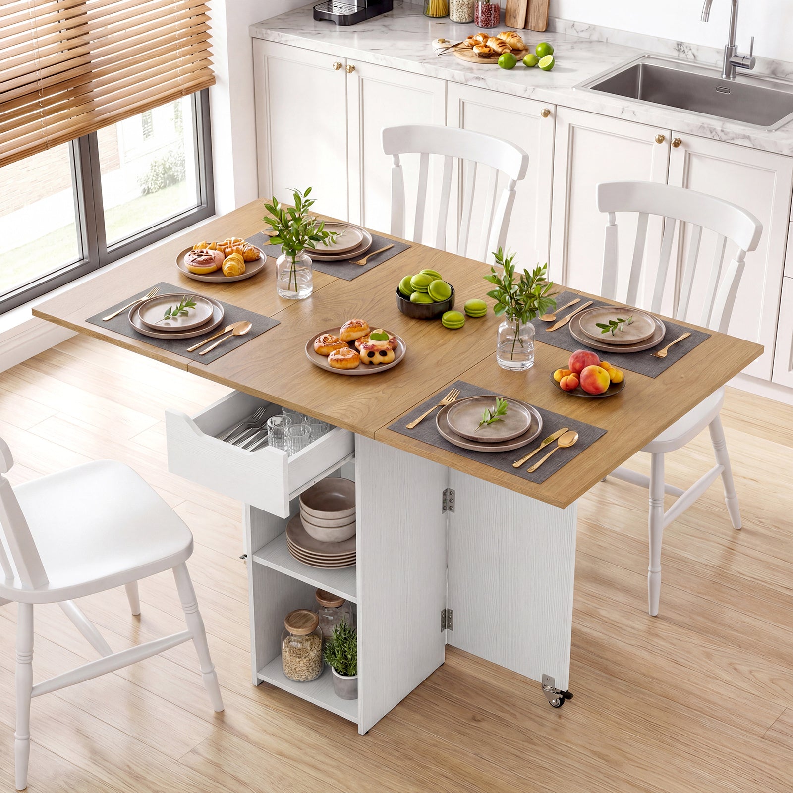 COSTWAY Folding Dining Table for 2, Space Saving Kitchen Table Drop Leaf with 2 Open Shelves & Drawer, 2 Lockable Universal Wheels, Modern Extendable Wooden Kitchen Console Table for Dining Room