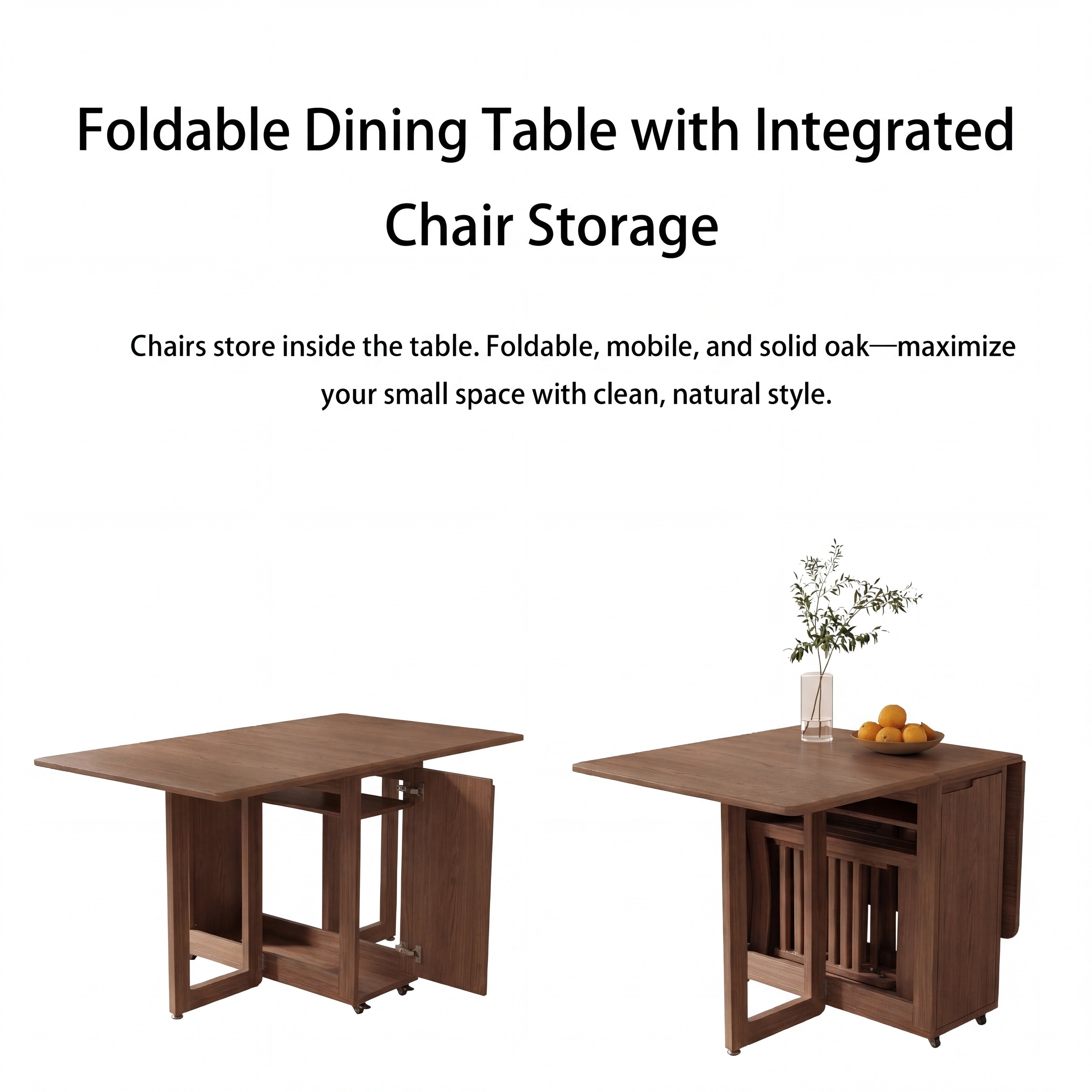 Solid Wood Folding Table, Dining Table, Furniture for Home, Durable and Sturdy, Space Saving, Seats 4 to 6 People, Built-in Chair Storage, Mobile Wheels, Limited-Time Flash, Free Shipping
