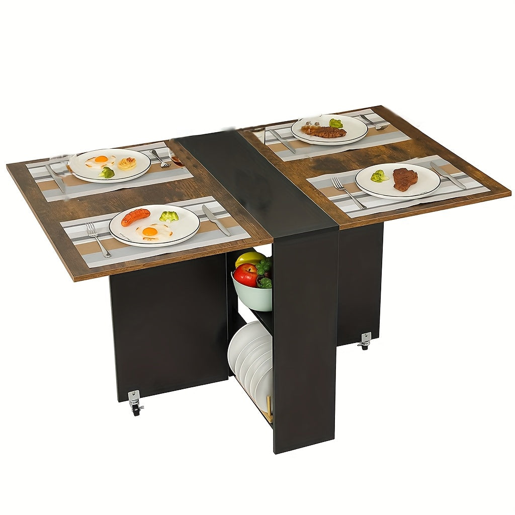 Versatile Folding Dining Table with Wheels, Rustic Brown with Black Accents, Metal Frame, Space-Saving Design with Storage Shelf, Ideal for Kitchen or Living Room, Kitchen Table