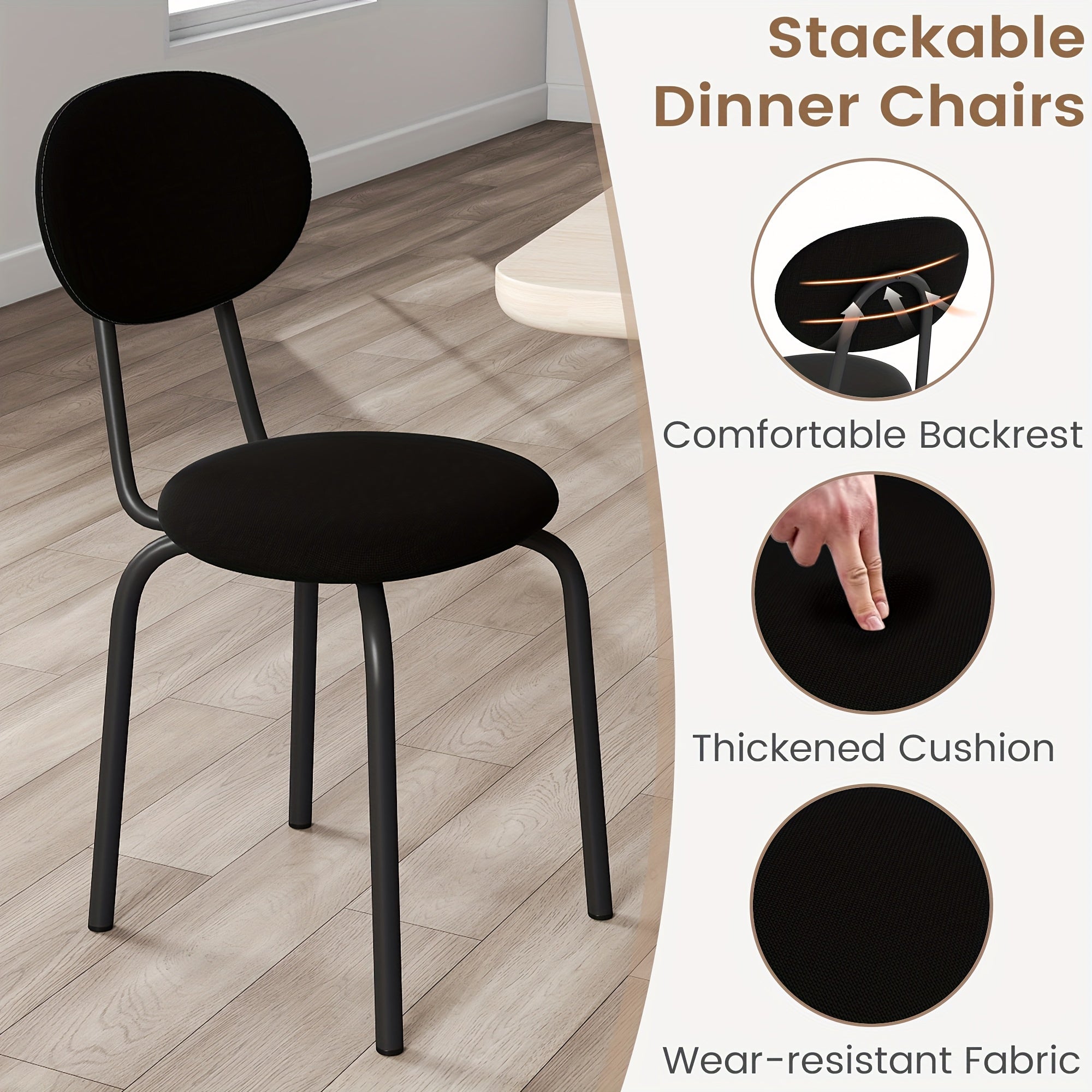Collection of Four Dining Chairs That Are Stackable, Featuring Foam Cushioning on The Seat And Back, Designed for Modern Spaces, with a Robust Weight Limit of 400 Pounds, Available in Black, Gray, Or Beige