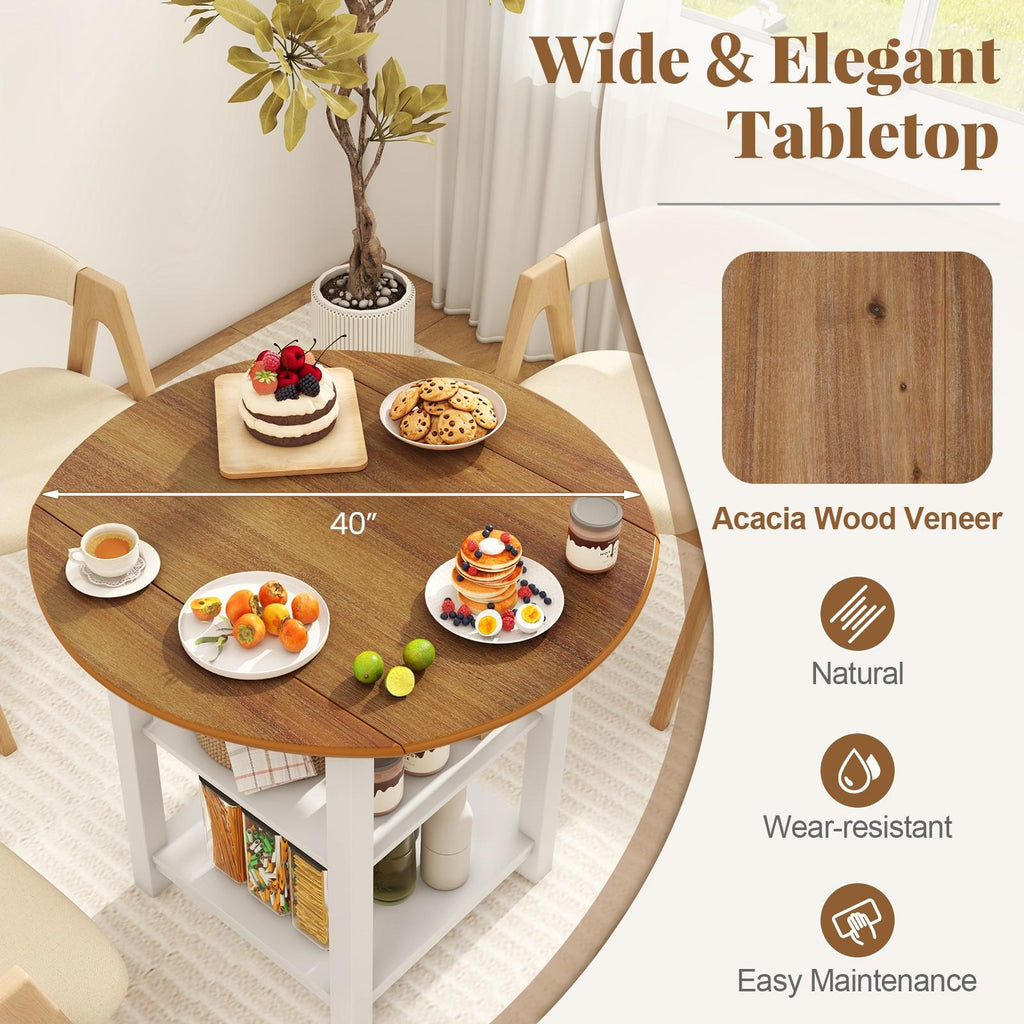 COSTWAY Collapsible Circular Dining Table, Leaf Table Featuring 2 Shelves for Compact Areas, Foldable Work Table with Dual Storage Levels, Multi-Functional Console Table Suitable for Living Room, Dining Area, Kitchen