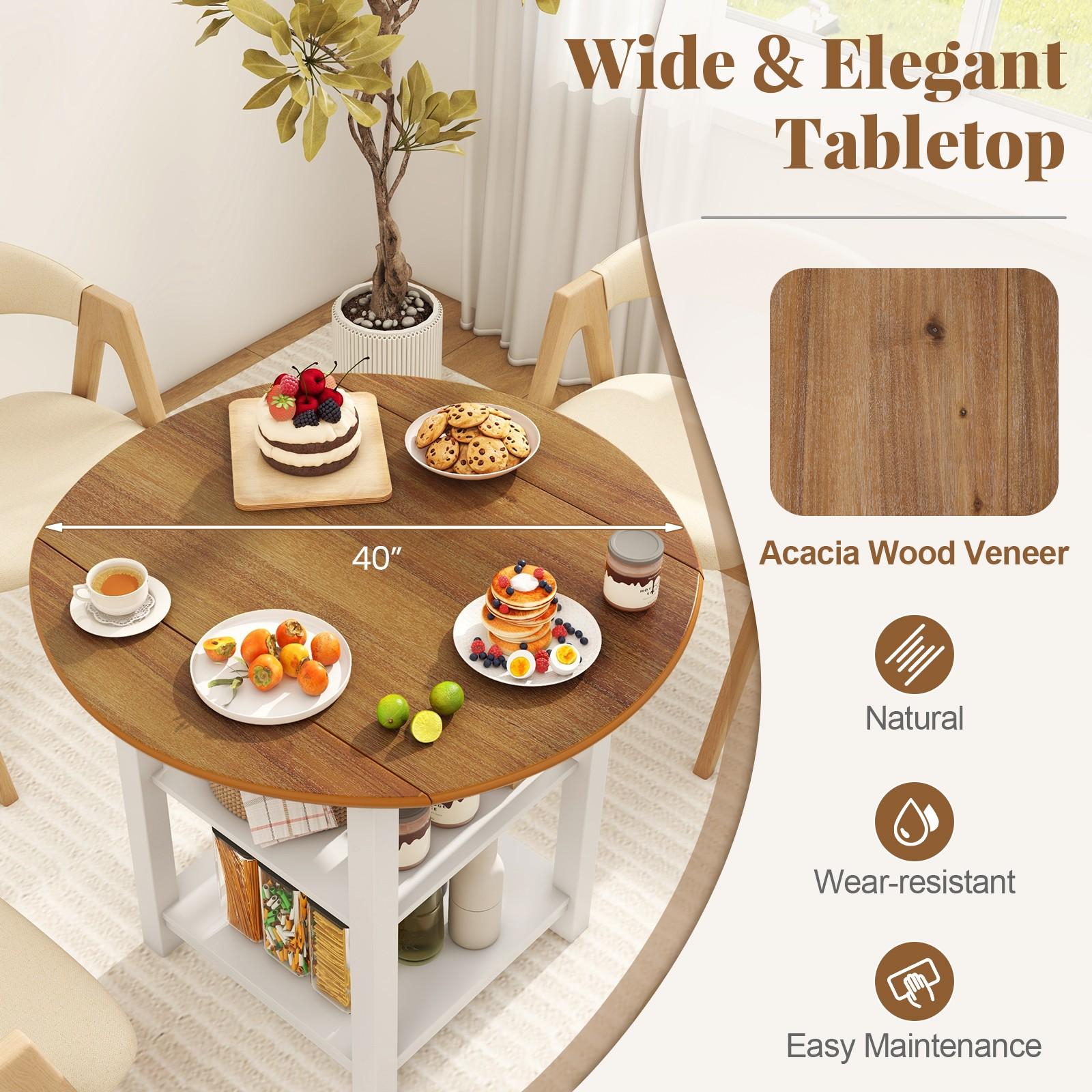 COSTWAY Collapsible Circular Dining Table, Leaf Table Featuring 2 Shelves for Compact Areas, Foldable Work Table with Dual Storage Levels, Multi-Functional Console Table Suitable for Living Room, Dining Area, Kitchen