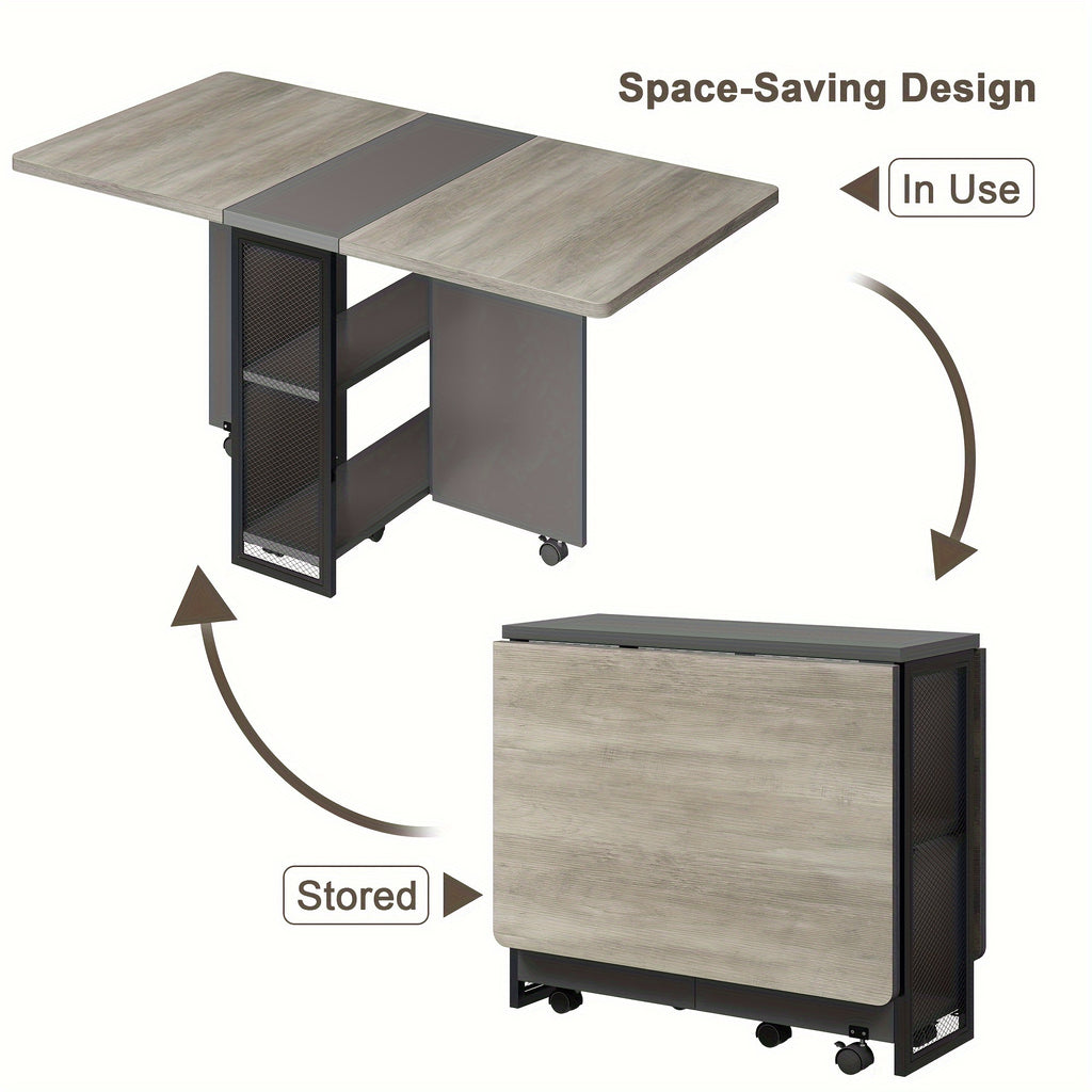 Folding Dining TableSpace Saving Dining Table with Shelves and Wheels for Living Room Kitchen Apartment