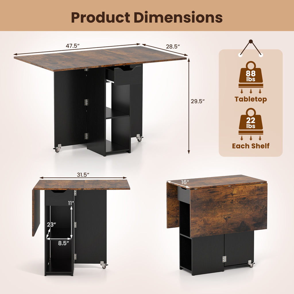 COSTWAY Folding Dining Table for 2, Space Saving Kitchen Table Drop Leaf with 2 Open Shelves & Drawer, 2 Lockable Universal Wheels, Modern Extendable Wooden Kitchen Console Table for Dining Room