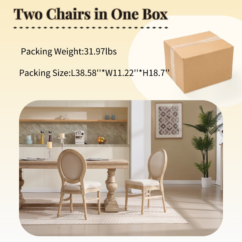 French Country Dining Chairs Set of 2, Upholstered Chairs with Round Back, Wire Drawing And Carving Techniques, Disassemblable And Stackable, for Living Room, Kitchen, Restaurant Use, Beige