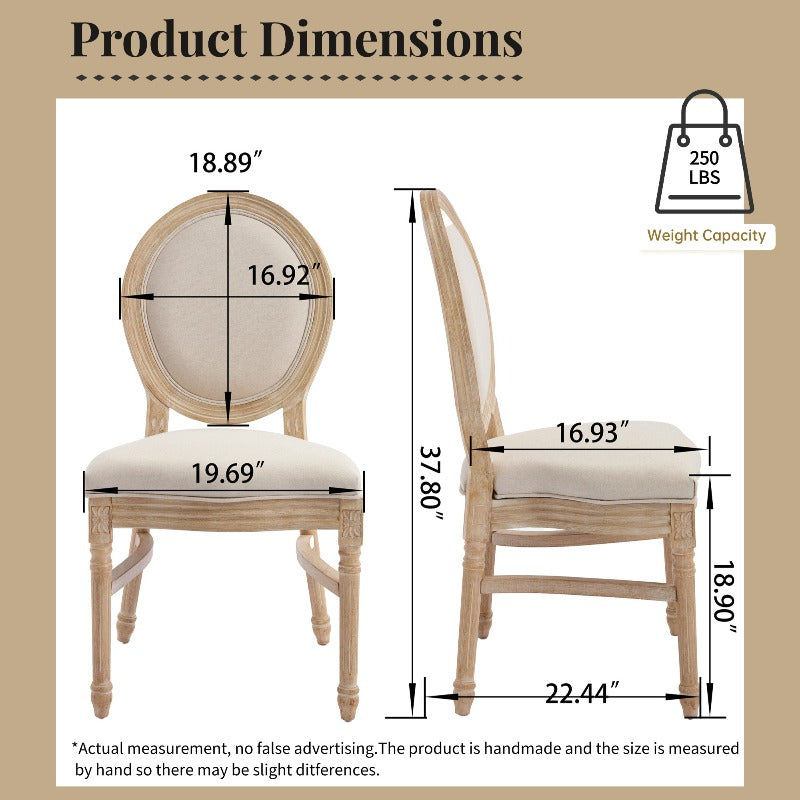 French Country Dining Chairs Set of 2, Upholstered Chairs with Round Back, Wire Drawing And Carving Techniques, Disassemblable And Stackable, for Living Room, Kitchen, Restaurant Use, Beige
