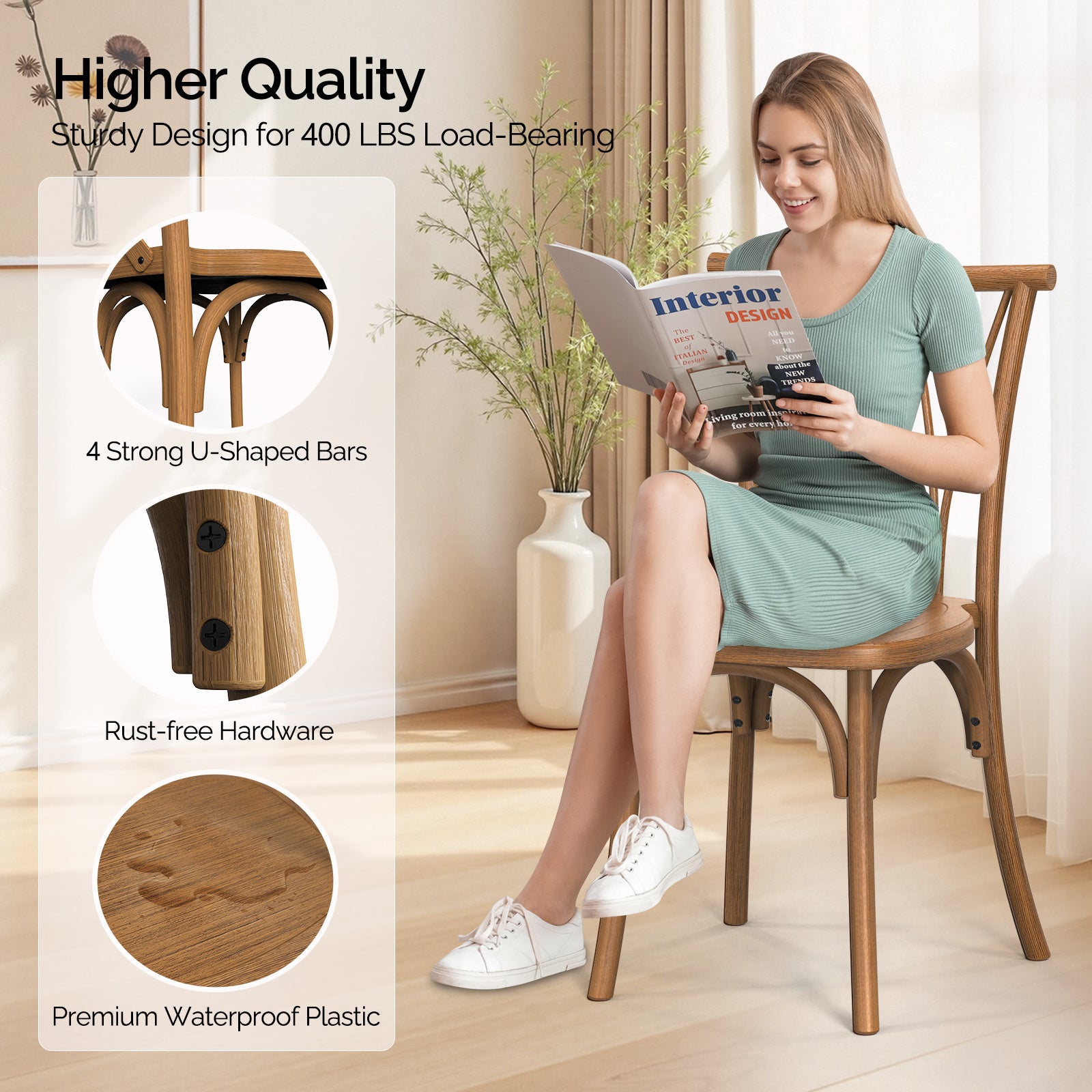 Outdoor Plastic Dining Chairs Set of 2, Stackable Wicker Back Patio Chairs, Waterproof Indoor Outdoor Kitchen Chairs with 400lbs Capacity Brown\u002FBlack\u002FWhite Stacking Chairs