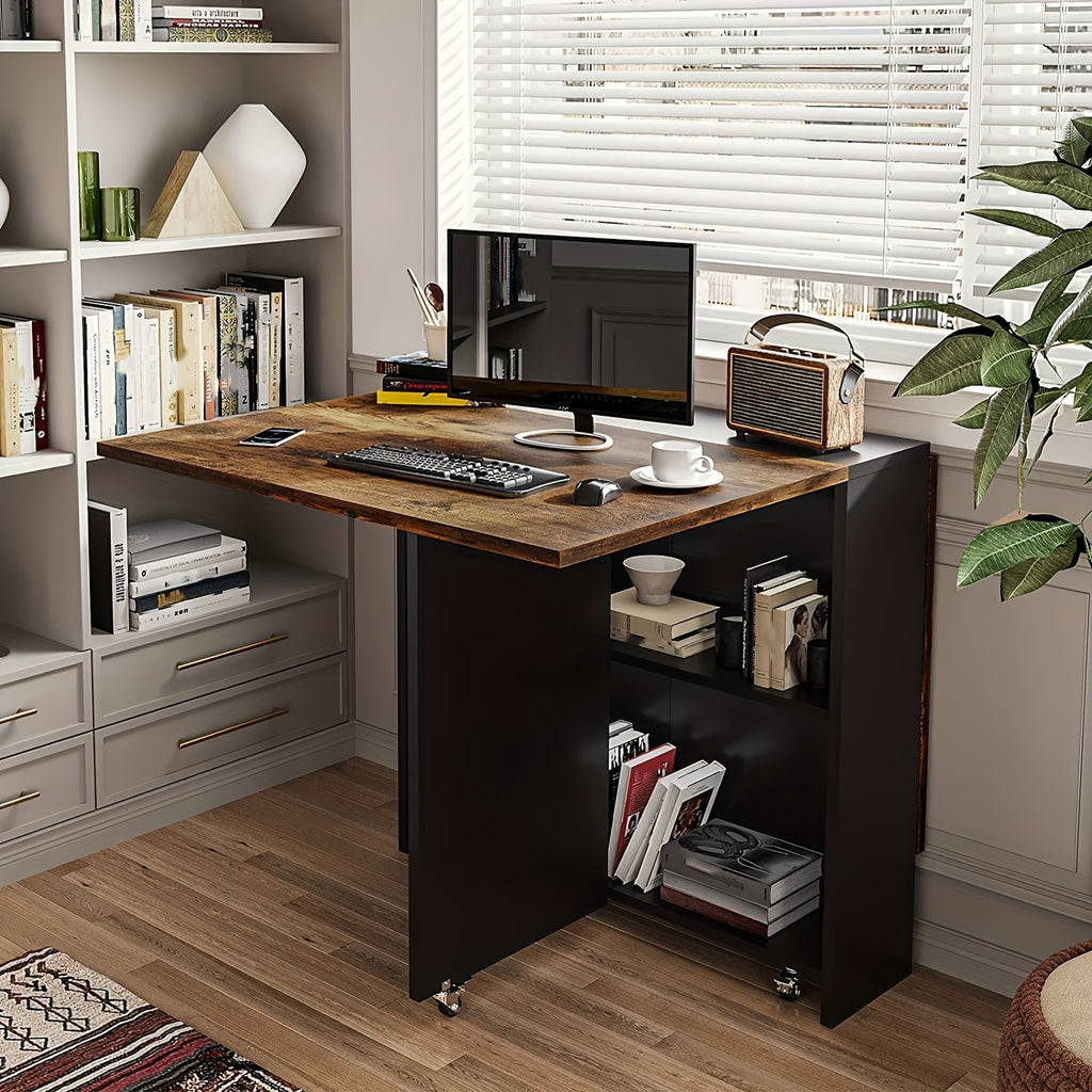 Versatile Folding Dining Table with Wheels, Rustic Brown with Black Accents, Metal Frame, Space-Saving Design with Storage Shelf, Ideal for Kitchen or Living Room, Kitchen Table