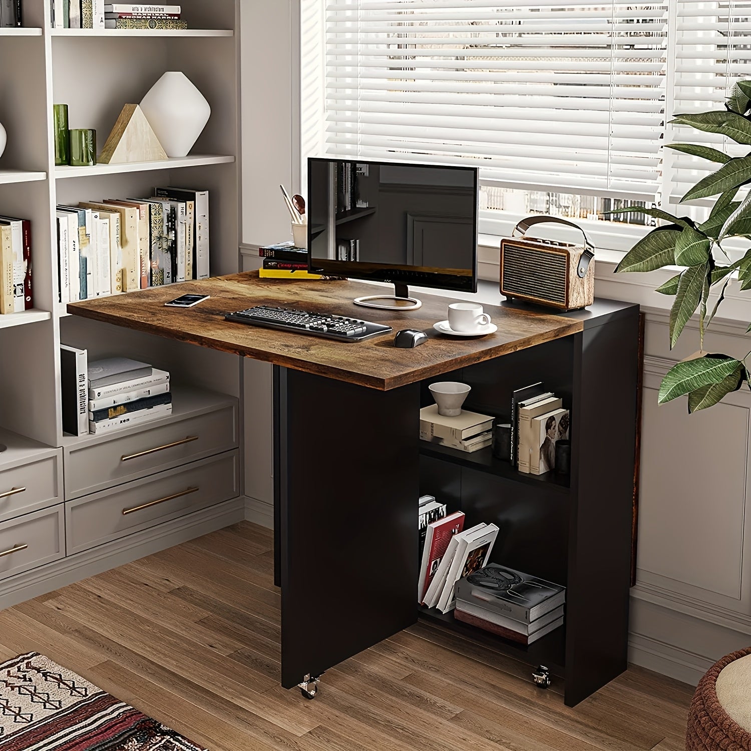 Versatile Folding Dining Table with Wheels, Rustic Brown with Black Accents, Metal Frame, Space-Saving Design with Storage Shelf, Ideal for Kitchen or Living Room, Kitchen Table
