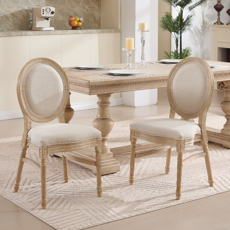 French Country Dining Chairs Set of 2, Upholstered Chairs with Round Back, Wire Drawing And Carving Techniques, Disassemblable And Stackable, for Living Room, Kitchen, Restaurant Use, Beige