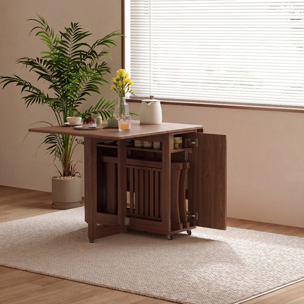 Solid Wood Folding Table, Dining Table, Furniture for Home, Durable and Sturdy, Space Saving, Seats 4 to 6 People, Built-in Chair Storage, Mobile Wheels, Limited-Time Flash, Free Shipping