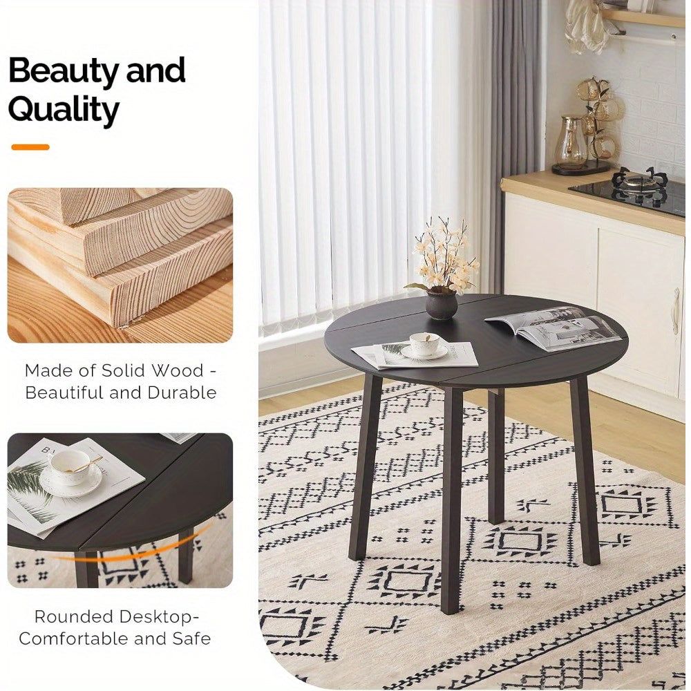 Foldable Round Dining Table 35 Inch Solid Wood - Expandable Drop Leaf Kitchen Table for Small Spaces, Easy Assembly Home Office Desk (Brown)