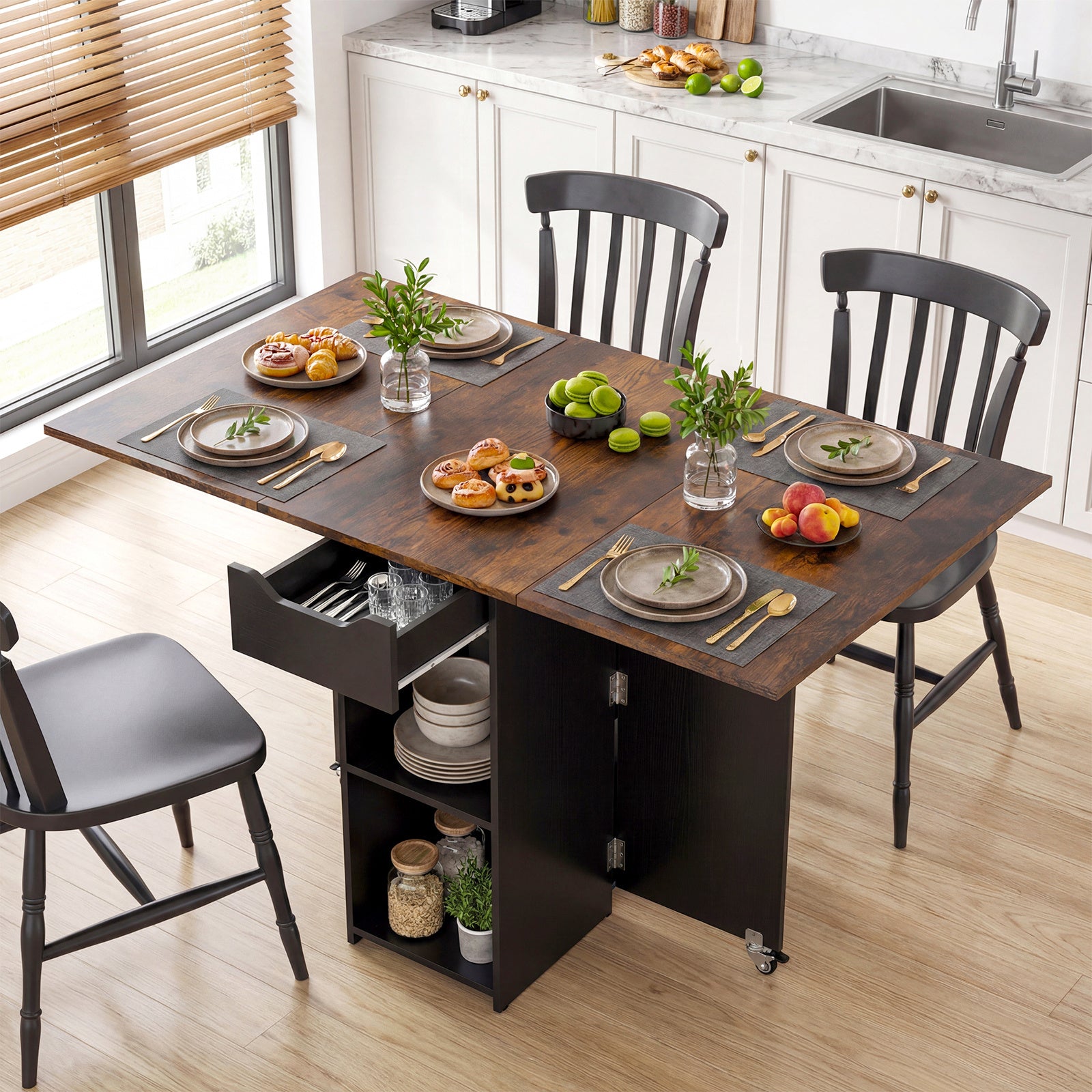 COSTWAY Folding Dining Table for 2, Space Saving Kitchen Table Drop Leaf with 2 Open Shelves & Drawer, 2 Lockable Universal Wheels, Modern Extendable Wooden Kitchen Console Table for Dining Room