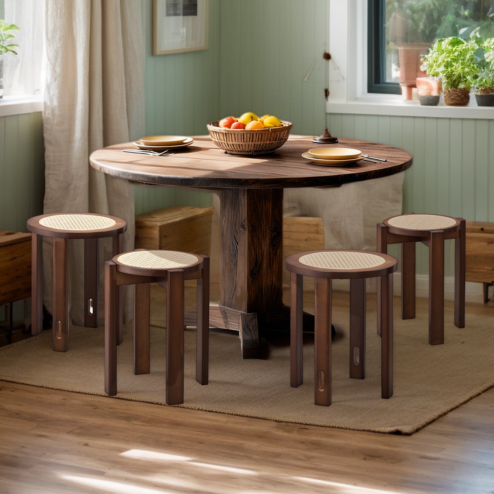 4pcs Modern Stackable Dining Chair Set with Woven Rattan Accents and A Movable Base. Space-saving and Easy to Store, Suitable for Homes, Kitchens, and Apartments (dining Table Not Included).