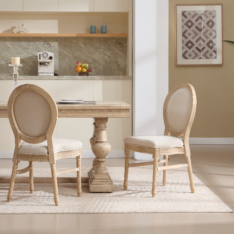 French Country Dining Chairs Set of 2, Upholstered Chairs with Round Back, Wire Drawing And Carving Techniques, Disassemblable And Stackable, for Living Room, Kitchen, Restaurant Use, Beige