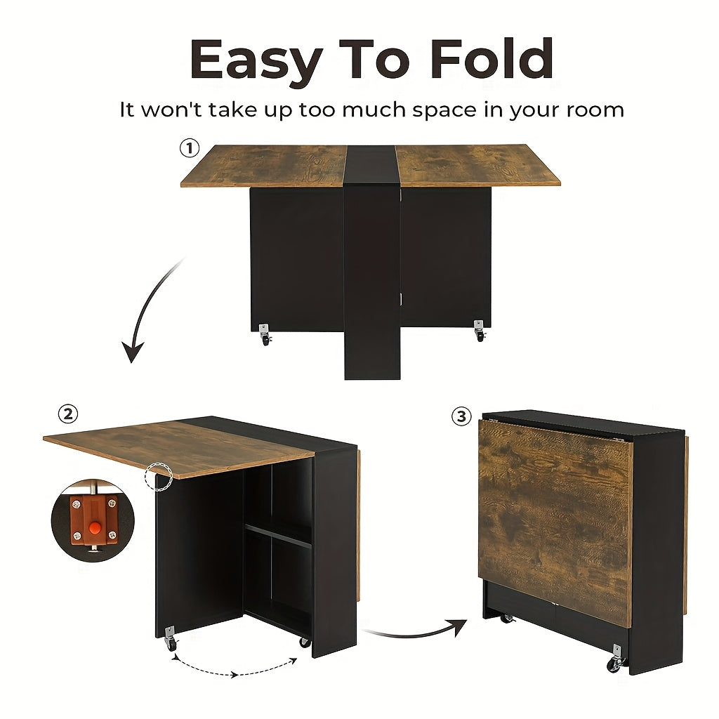 Versatile Folding Dining Table with Wheels, Rustic Brown with Black Accents, Metal Frame, Space-Saving Design with Storage Shelf, Ideal for Kitchen or Living Room, Kitchen Table