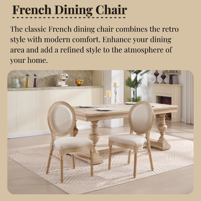 French Country Dining Chairs Set of 2, Upholstered Chairs with Round Back, Wire Drawing And Carving Techniques, Disassemblable And Stackable, for Living Room, Kitchen, Restaurant Use, Beige