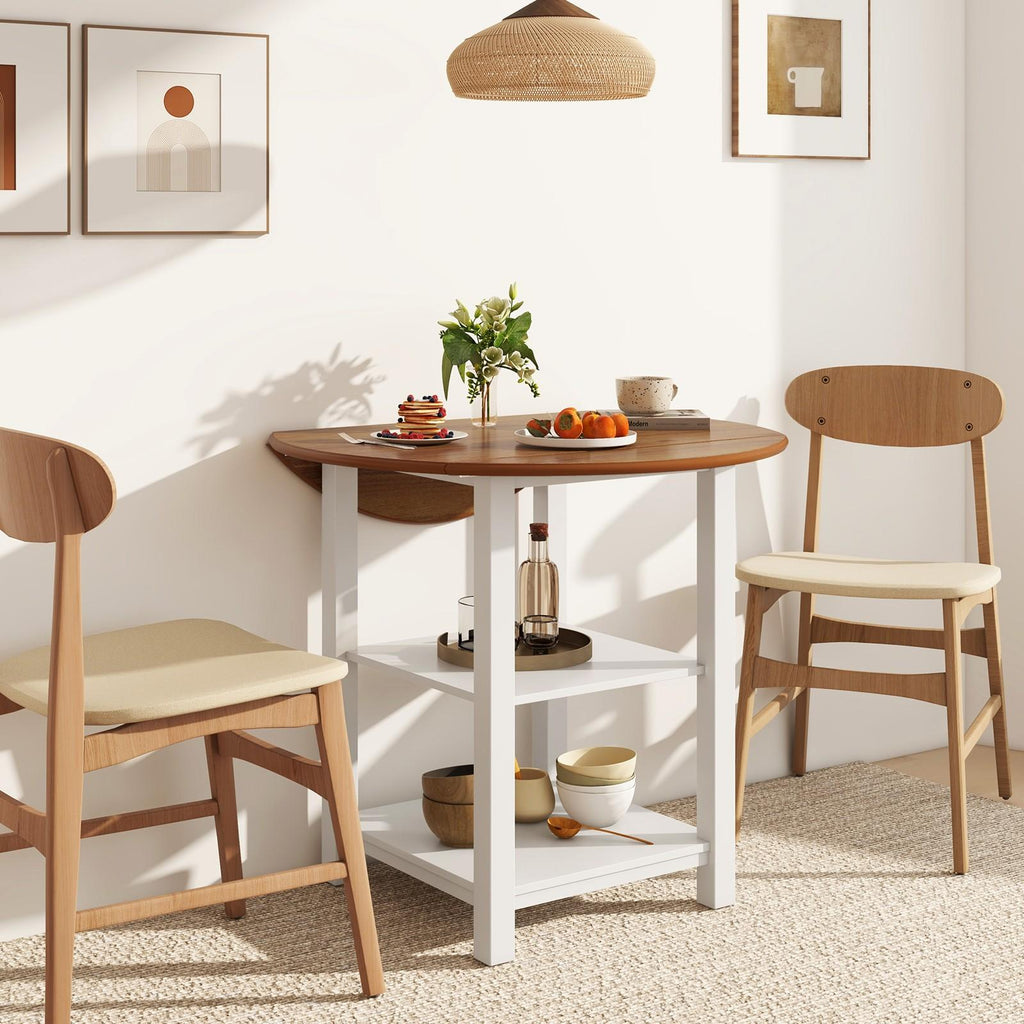 COSTWAY Collapsible Circular Dining Table, Leaf Table Featuring 2 Shelves for Compact Areas, Foldable Work Table with Dual Storage Levels, Multi-Functional Console Table Suitable for Living Room, Dining Area, Kitchen