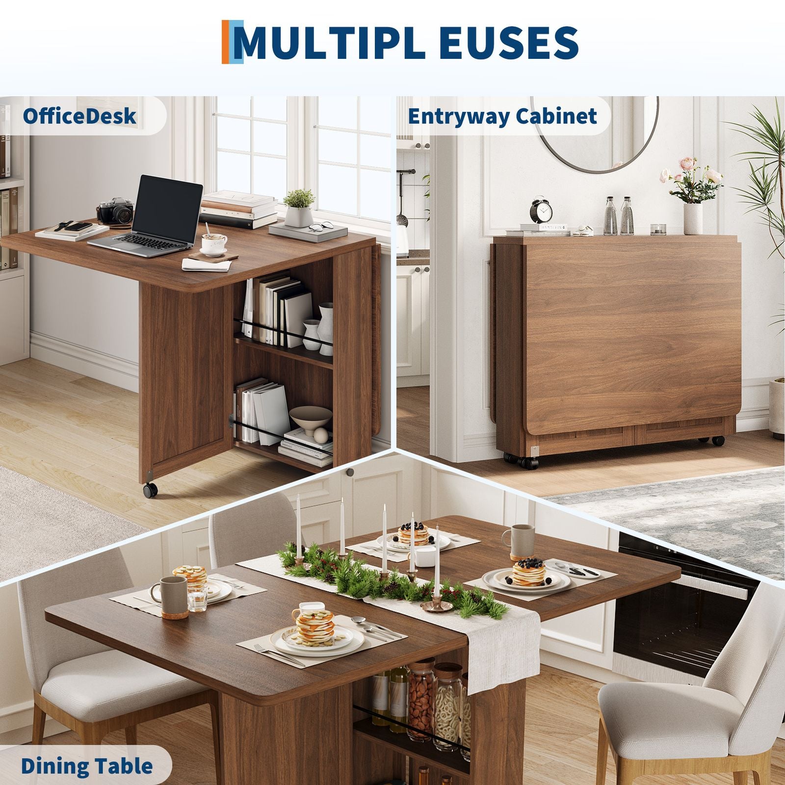 MERXENG Collapsible Dining Table Featuring 6 Wheels, a Drop-Leaf Design with a Drawer And Storage Shelf, Modern Wooden Furniture for Kitchens And Dining Areas, Ideal for Compact Living Spaces And Apartments, Walnut End Perfect for Home Decor