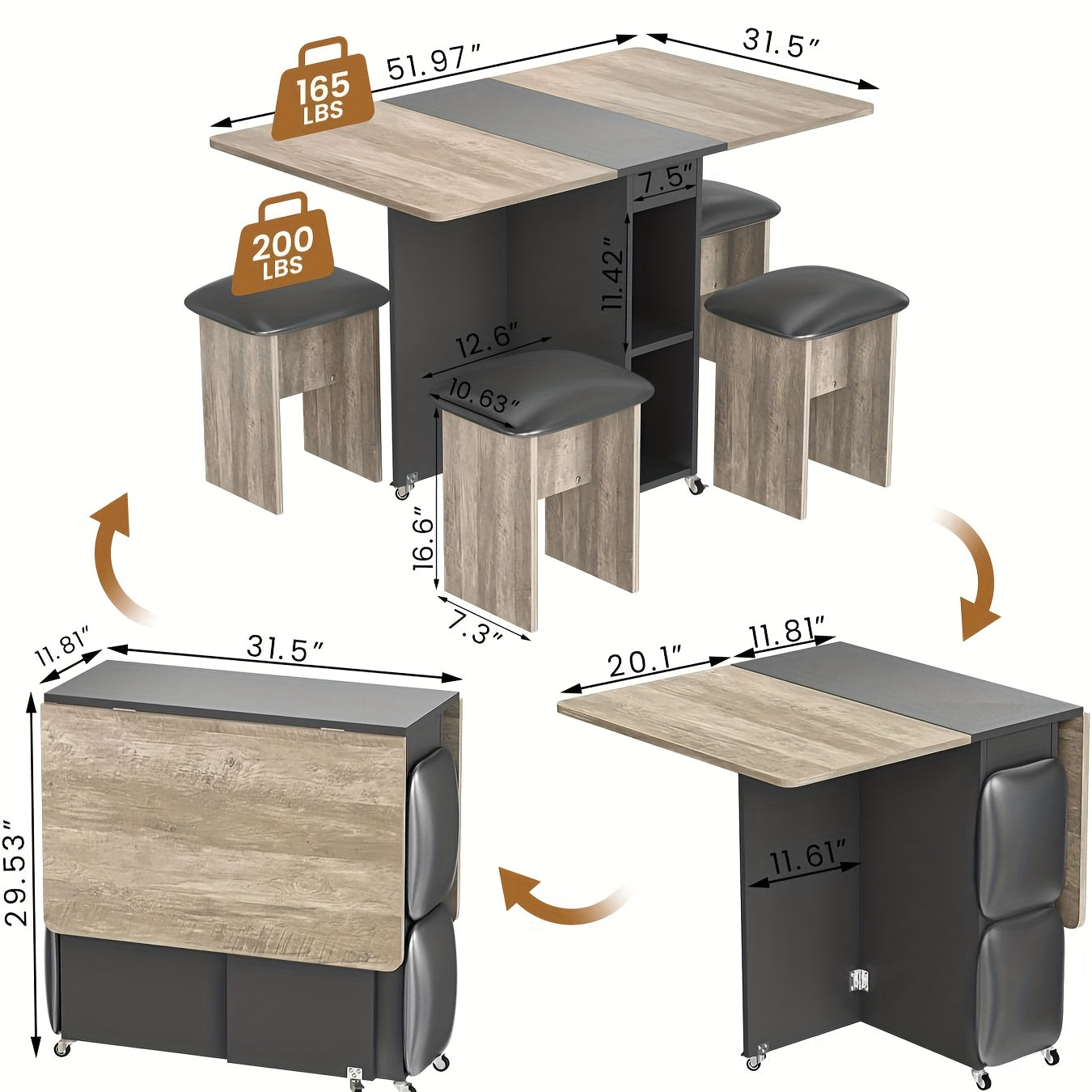Folding Dining Table Set for 4, Kitchen Table with 4 Faux Leather Chairs And Shelves, Space Saving Wood Rectangle Foldable Kitchen & Dining Room Tables for Small Space with 6 Wheels