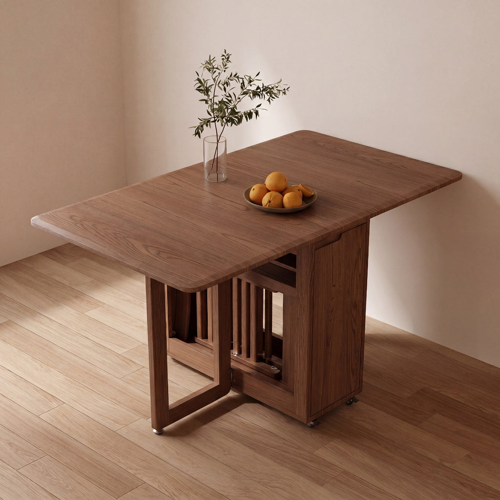 Solid Wood Folding Table, Dining Table, Furniture for Home, Durable and Sturdy, Space Saving, Seats 4 to 6 People, Built-in Chair Storage, Mobile Wheels, Limited-Time Flash, Free Shipping