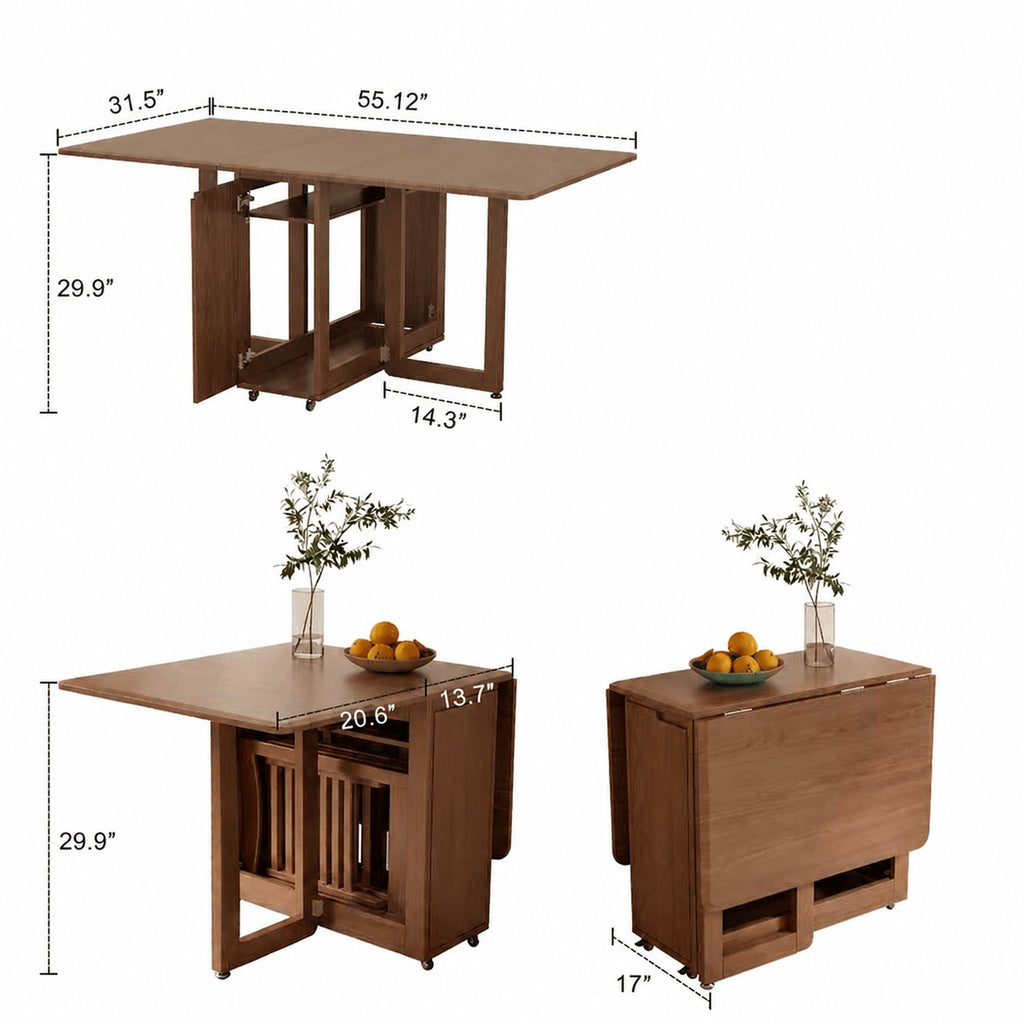 Solid Wood Folding Table, Dining Table, Furniture for Home, Durable and Sturdy, Space Saving, Seats 4 to 6 People, Built-in Chair Storage, Mobile Wheels, Limited-Time Flash, Free Shipping